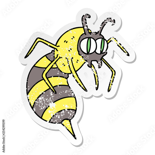 distressed sticker of a quirky hand drawn cartoon wasp