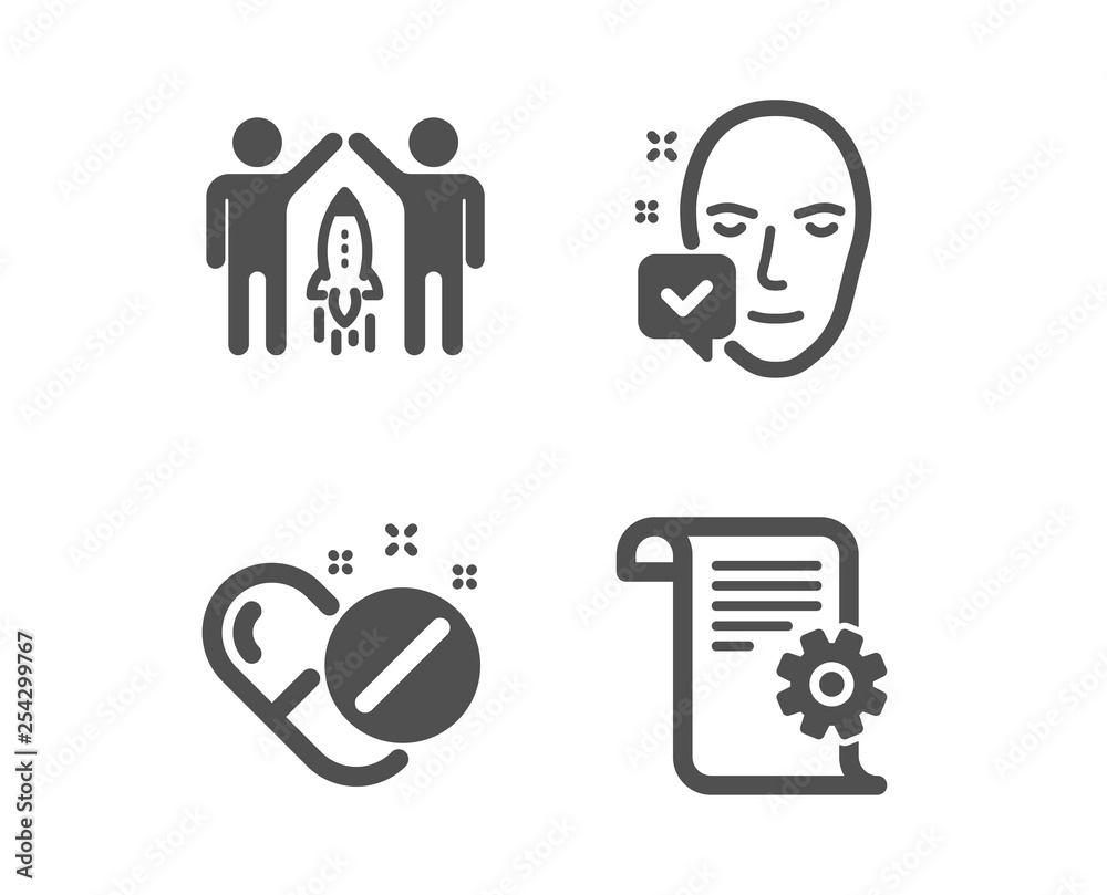 Set of Face accepted, Partnership and Medical pills icons. Technical documentation sign. Access granted, Business startup, Drugs. Manual. Classic design face accepted icon. Flat design. Vector Set of Face accepted, Partnership and Medical pills icons. Technical documentation sign. Access granted, Business startup, Drugs. Manual. Classic design face accepted icon. Flat design. Vector