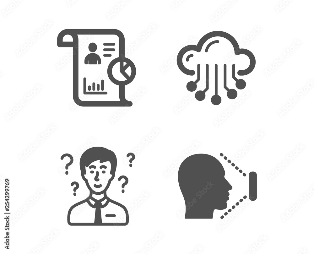 Set of Report, Cloud storage and Support consultant icons. Face id sign. Work statistics, Data service, Question mark. Identification system. Classic design report icon. Flat design. Vector Set of Report, Cloud storage and Support consultant icons. Face id sign. Work statistics, Data service, Question mark. Identification system. Classic design report icon. Flat design. Vector