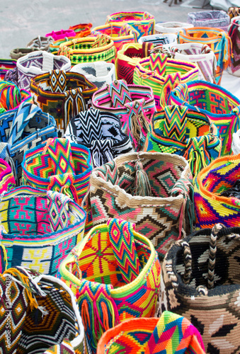 Knitted bags in the Otavalo market, Ecuador