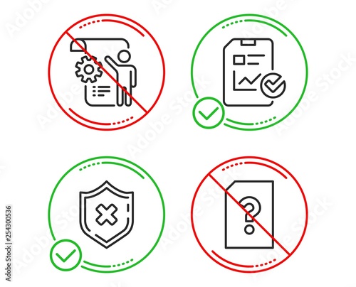 Do or Stop. Settings blueprint, Report checklist and Reject protection icons simple set. Unknown file sign. Engineering cogwheel, Sales growth file, No security. Doc with question mark. Technology set