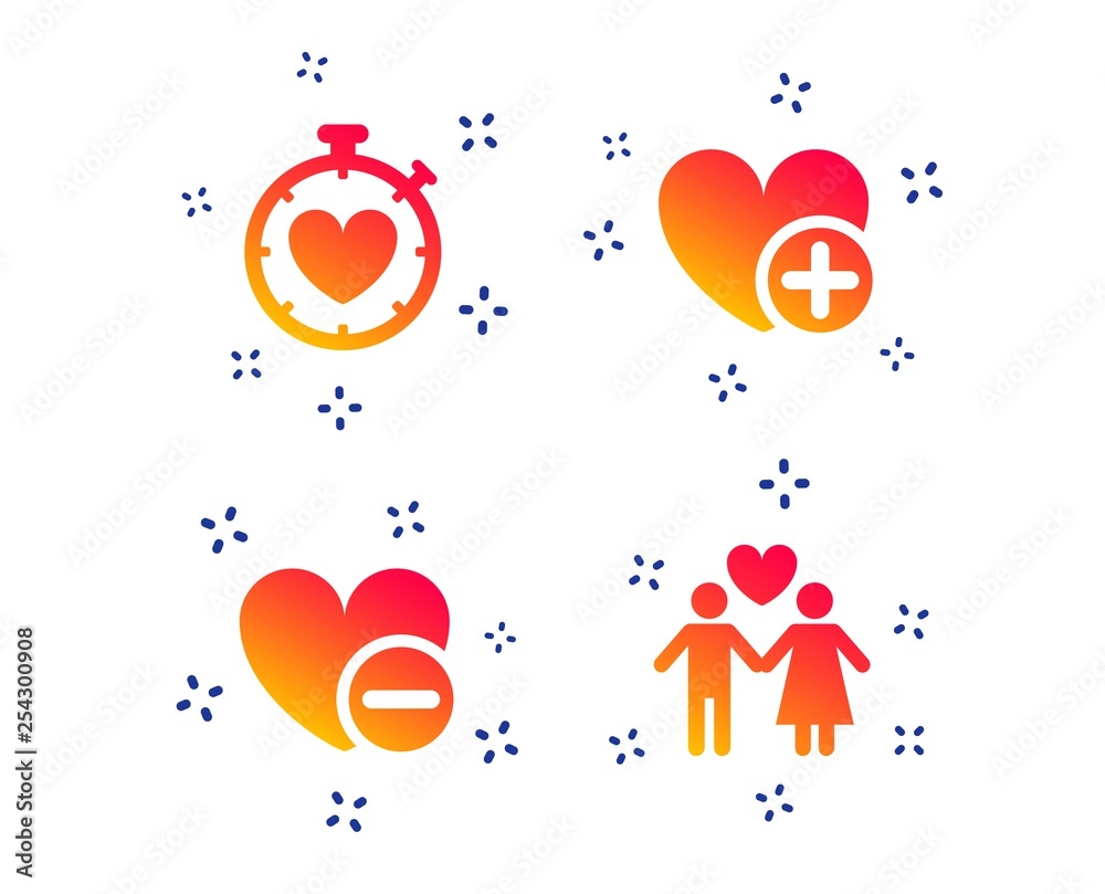 Valentine day love icons. Love heart timer symbol. Couple lovers sign. Add new love relationship. Random dynamic shapes. Gradient love icon. Vector Valentine day love icons. Love heart timer symbol. Couple lovers sign. Add new love relationship. Random dynamic shapes. Gradient love icon. Vector