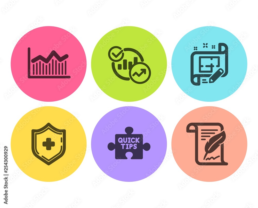 Quick tips, Statistics and Medical shield icons simple set. Architect plan, Money diagram and Feather signs. Tutorials, Report charts. Science set. Flat quick tips icon. Circle button. Vector Quick tips, Statistics and Medical shield icons simple set. Architect plan, Money diagram and Feather signs. Tutorials, Report charts. Science set. Flat quick tips icon. Circle button. Vector
