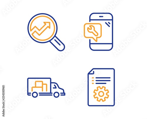 Truck transport, Analytics and Phone repair icons simple set. Technical documentation sign. Delivery, Audit analysis, Spanner service. Manual. Technology set. Linear truck transport icon. Vector