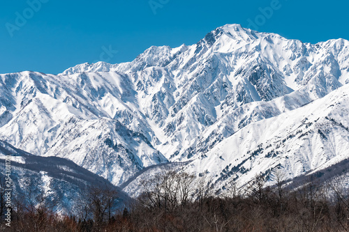 白馬村の雪山と青空の雪景色