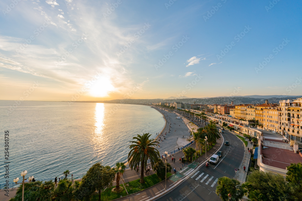 Aerial sunset view of the famous Angel's Bay, Nice