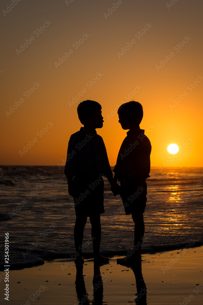 silhouette of brothers on the beach