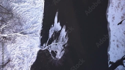 Static top Down drone shot above a tree covered in ice in the river. photo