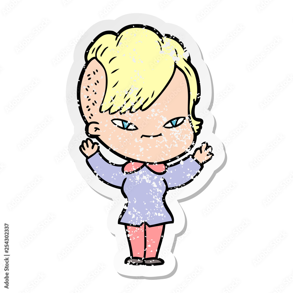 distressed sticker of a cute cartoon girl with hipster haircut