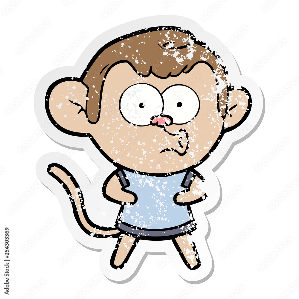 distressed sticker of a cartoon surprised monkey distressed sticker of a cartoon surprised monkey