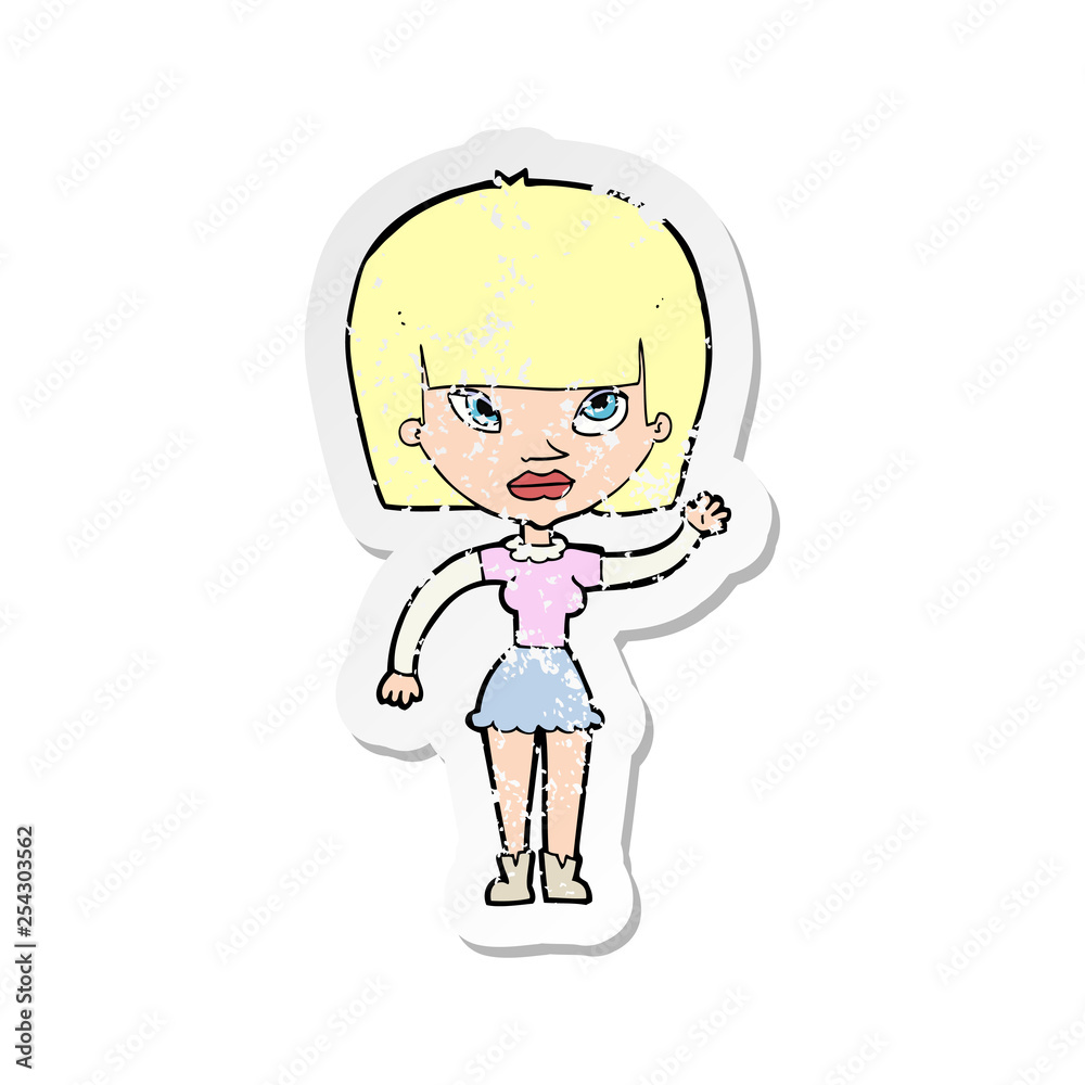retro distressed sticker of a cartoon woman waving retro distressed sticker of a cartoon woman waving