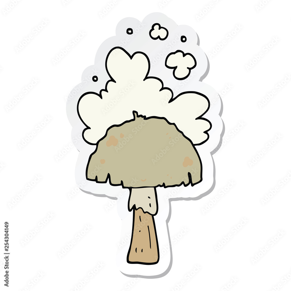 sticker of a cartoon mushroom with spore cloud