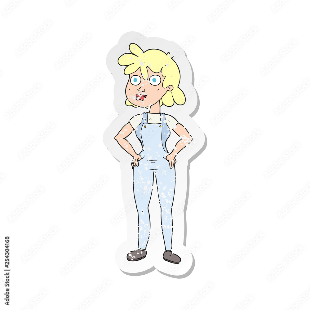 retro distressed sticker of a cartoon farmer girl retro distressed sticker of a cartoon farmer girl