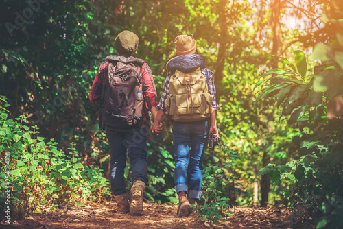 Hipster couple traveling tourist hiking holiday, wild adventure
