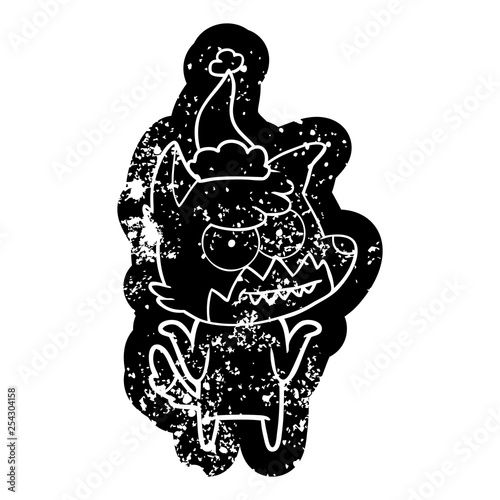 cartoon distressed icon of a grinning fox wearing santa hat
