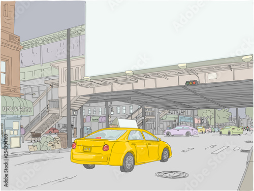 Billboard, large, blank for your text. City street scene, with a yellow taxi with additional blank space for text. Urban, isolation, nightlife feel. Hand drawn vector illustration.