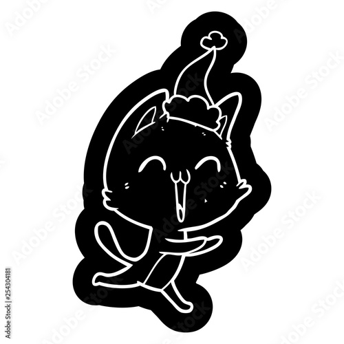 happy cartoon icon of a cat meowing wearing santa hat