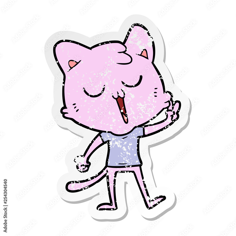 distressed sticker of a cartoon cat singing