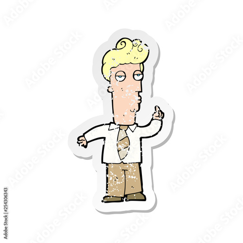 retro distressed sticker of a cartoon bored man asking question