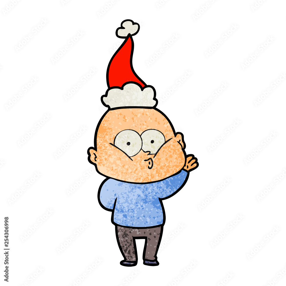 textured cartoon of a bald man staring wearing santa hat