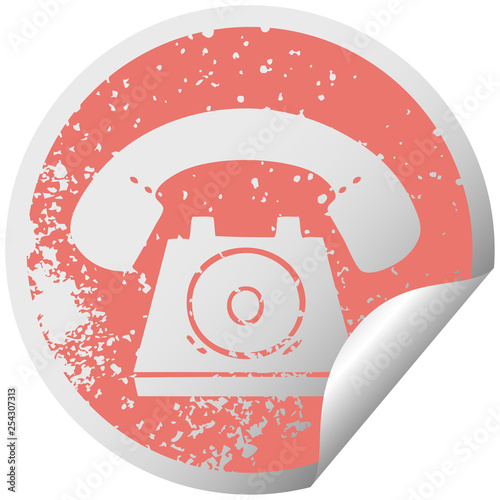 distressed circular peeling sticker symbol old telephone