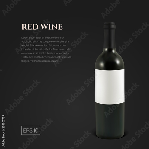 Photorealistic bottle of red wine on a black background. Mock up transparent bottle of wine. Template for product presentation or advertising in a minimalistic style.