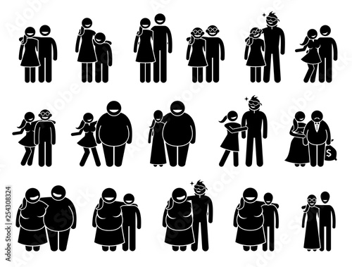 Couple with different body sizes and physical appearance combo. Artworks depict pair husband and wife or boyfriend and girlfriend with different body height, size, age, and looks.