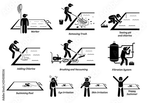 Worker cleaning swimming pool and maintenance services. Artworks depict man removing trash, testing water pH, adding chlorine, brushing, vacuuming, and fixing swimming pool filtration.
