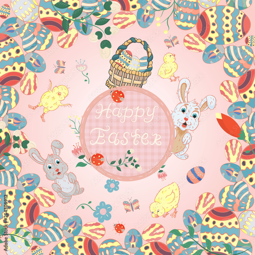 illustration in childrens_16_style on the theme of Easter, circular ornament for decoration and design