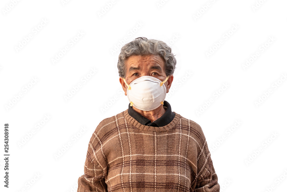 Grandma uses a mask to prevent dust isolated on white background. Grandma uses a mask to prevent dust isolated on white background.