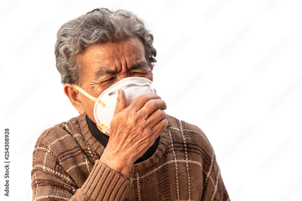 Grandma uses a mask to prevent dust isolated on white background. Grandma uses a mask to prevent dust isolated on white background.