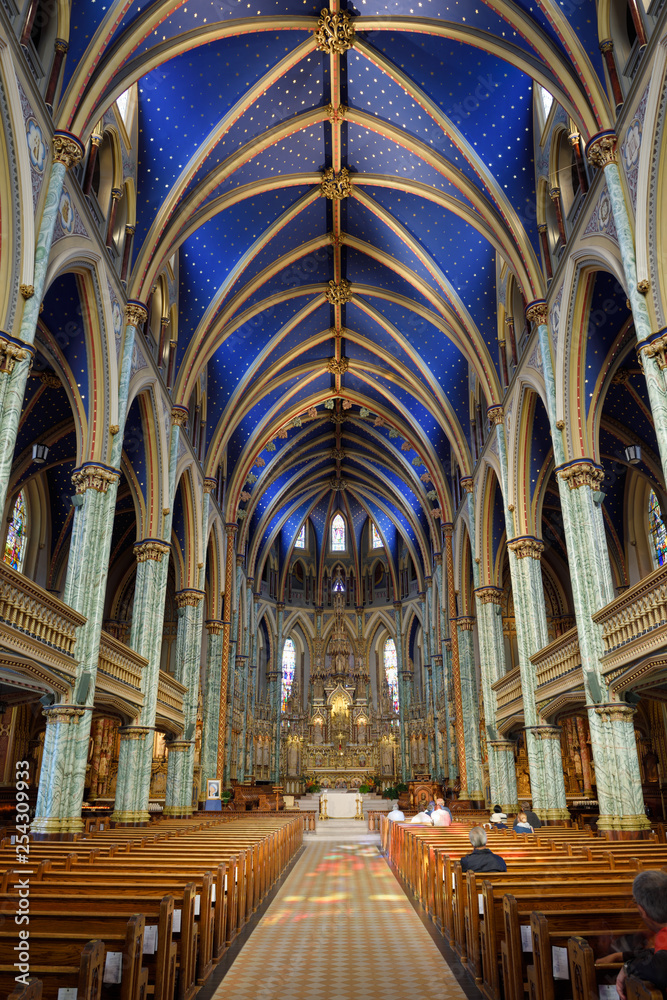 Interior nave of Notre Dame Roman Catholic Cathedral Basilica in Ottawa Canada