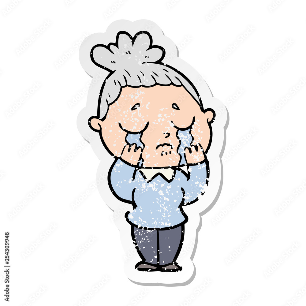 distressed sticker of a cartoon crying woman