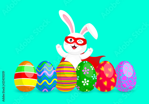 Funny cartoon, super hero rabbit with Easter eggs. Cute bunny in funny costume, mask and cape. Vector illustration isolated on blue background.