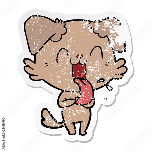 distressed sticker of a cartoon panting dog