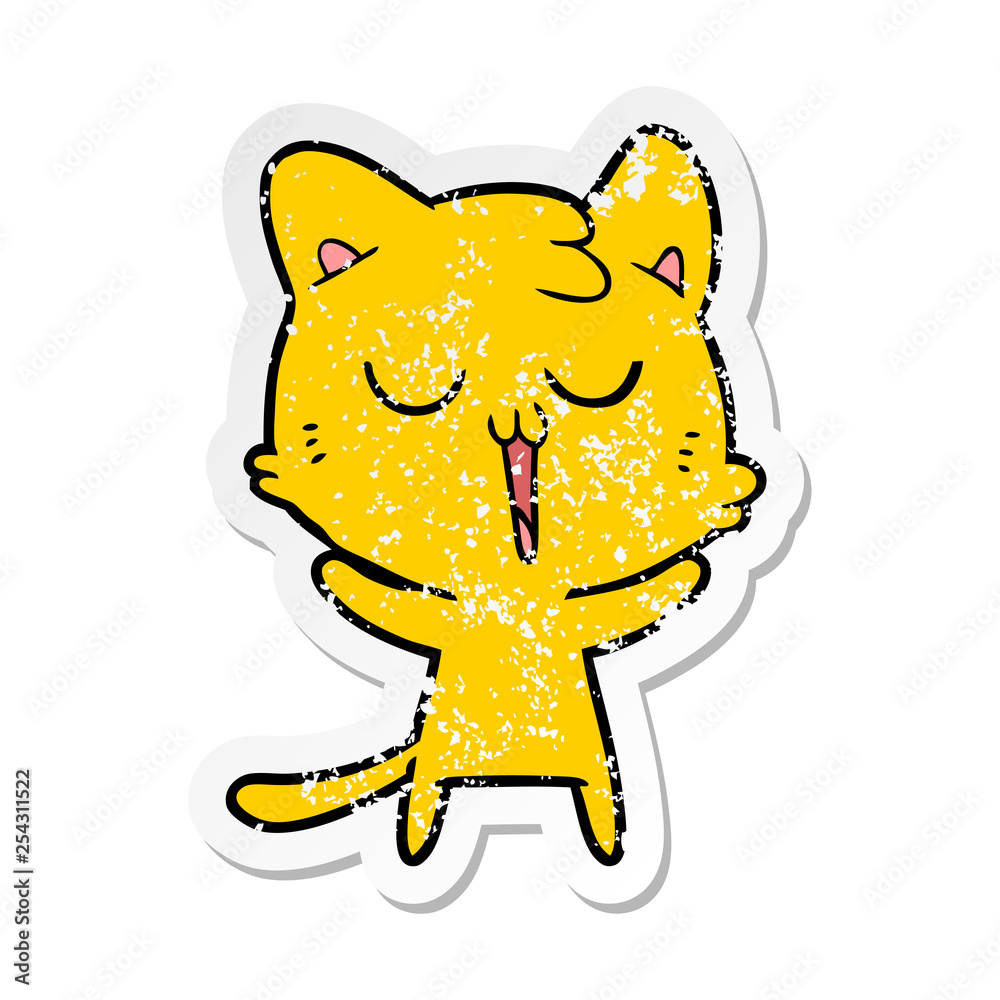 distressed sticker of a cartoon cat singing distressed sticker of a cartoon cat singing