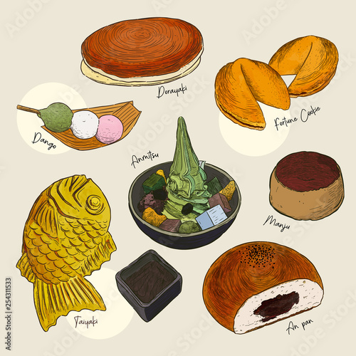 Popular kind of sweets Japanese set. hand draw sketch vector. photo