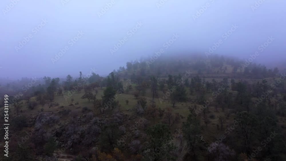 Heavy morning fog shrouding mysterious forest mountains, Aerial View