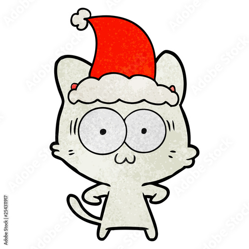 textured cartoon of a surprised cat wearing santa hat