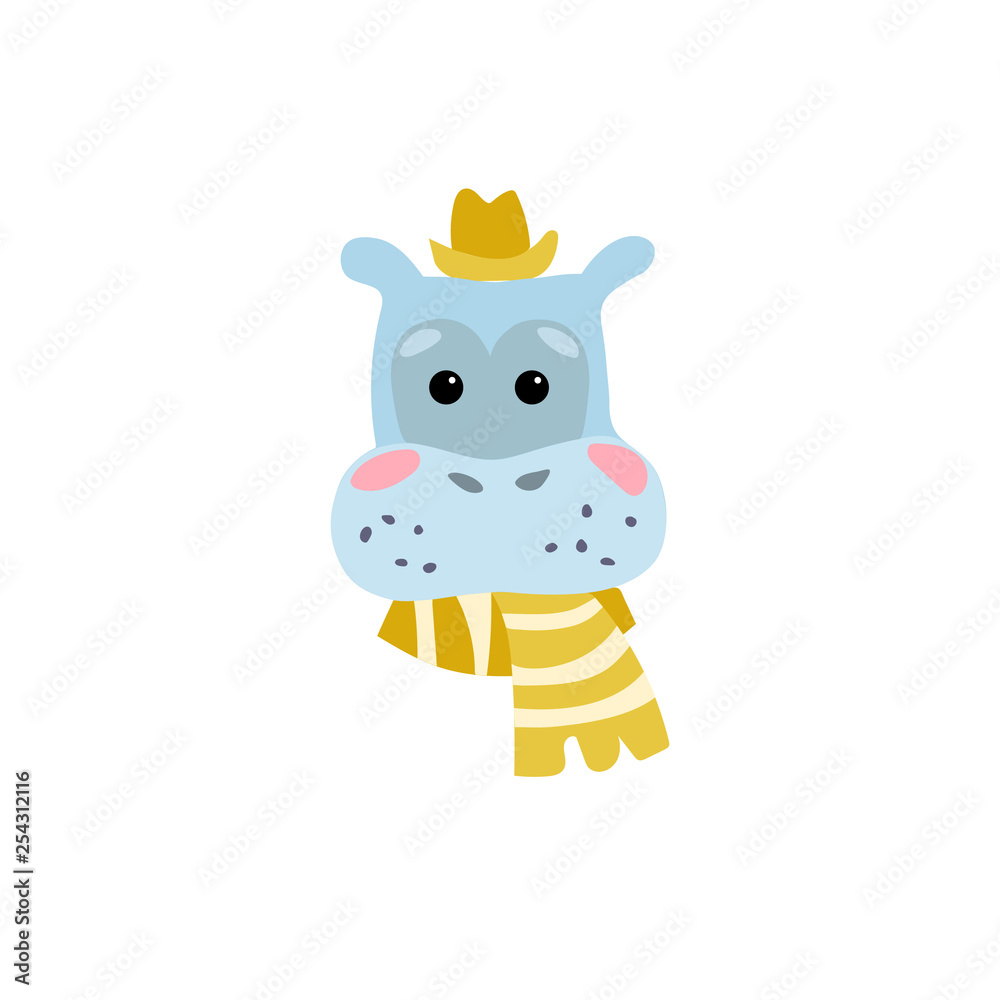 Cultural hippopotamus in a hat. Cute cartoon character. Cool picture is great for children's products: clothes, textiles, postcards, stationery products and other things. Vector illustration. Cultural hippopotamus in a hat. Cute cartoon character. Cool picture is great for children's products: clothes, textiles, postcards, stationery products and other things. Vector illustration.