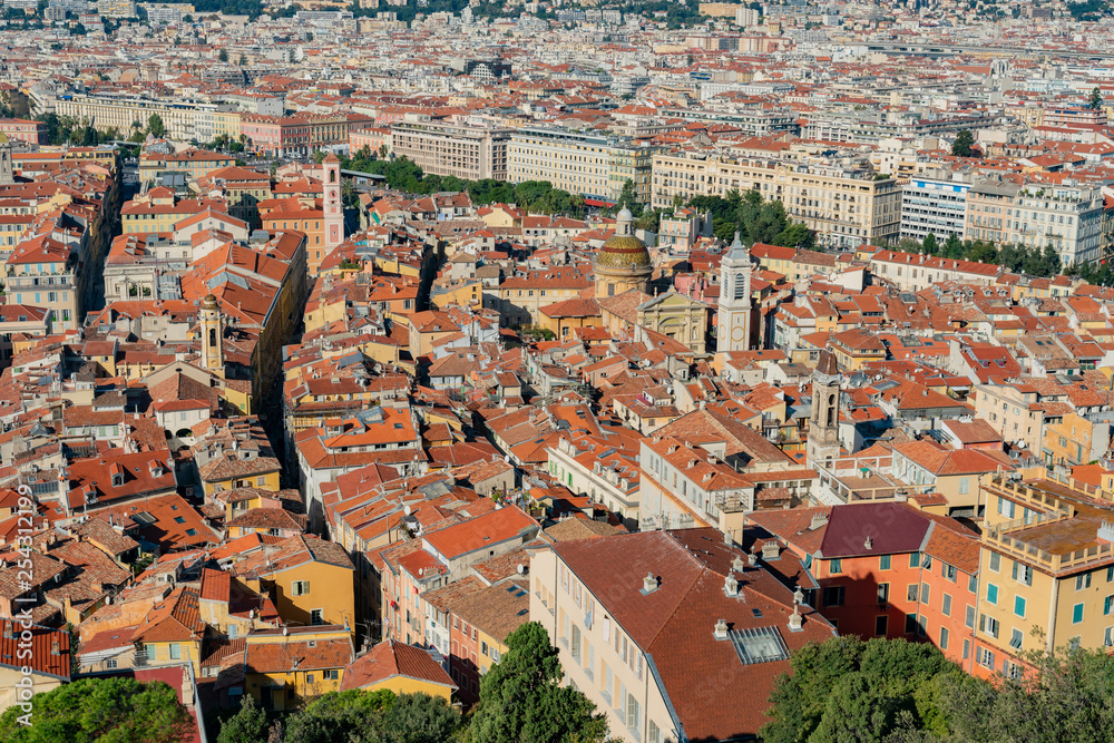 Aerial view of the Nice downtown cityscape from Castle Hill