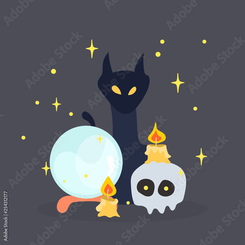 Composition on the topic of divination and magic. Great for greeting cards, invitations, posters, flyers, textiles, t-shirts, stationery, souvenirs. Suitable for celebrating Halloween.