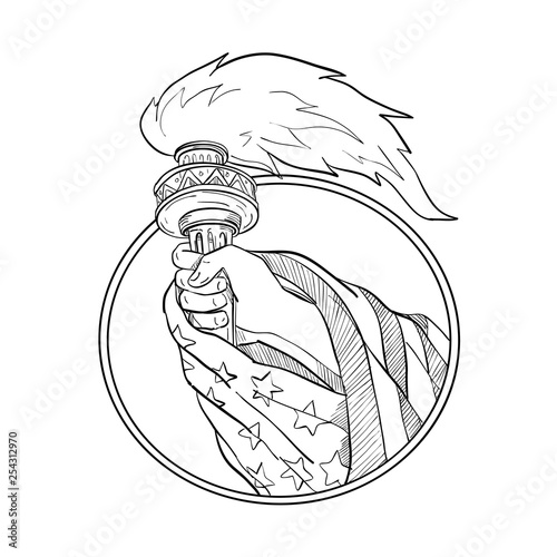 Drawing sketch style illustration of a hand holding a Statue of Liberty torch with American USA stars and stripes flag draped on arm set inside oval on isolated white background in black and white.