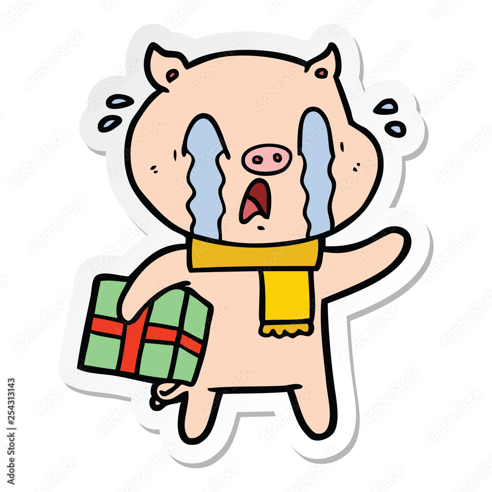 sticker of a crying pig cartoon delivering christmas present sticker of a crying pig cartoon delivering christmas present