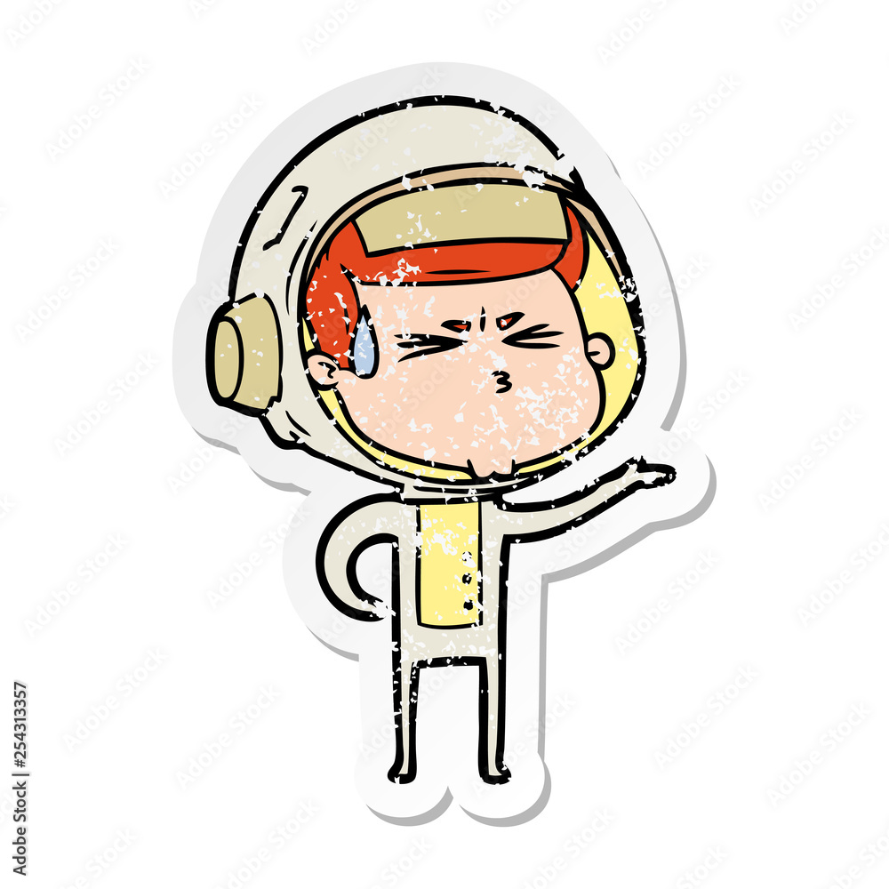 distressed sticker of a cartoon stressed astronaut distressed sticker of a cartoon stressed astronaut