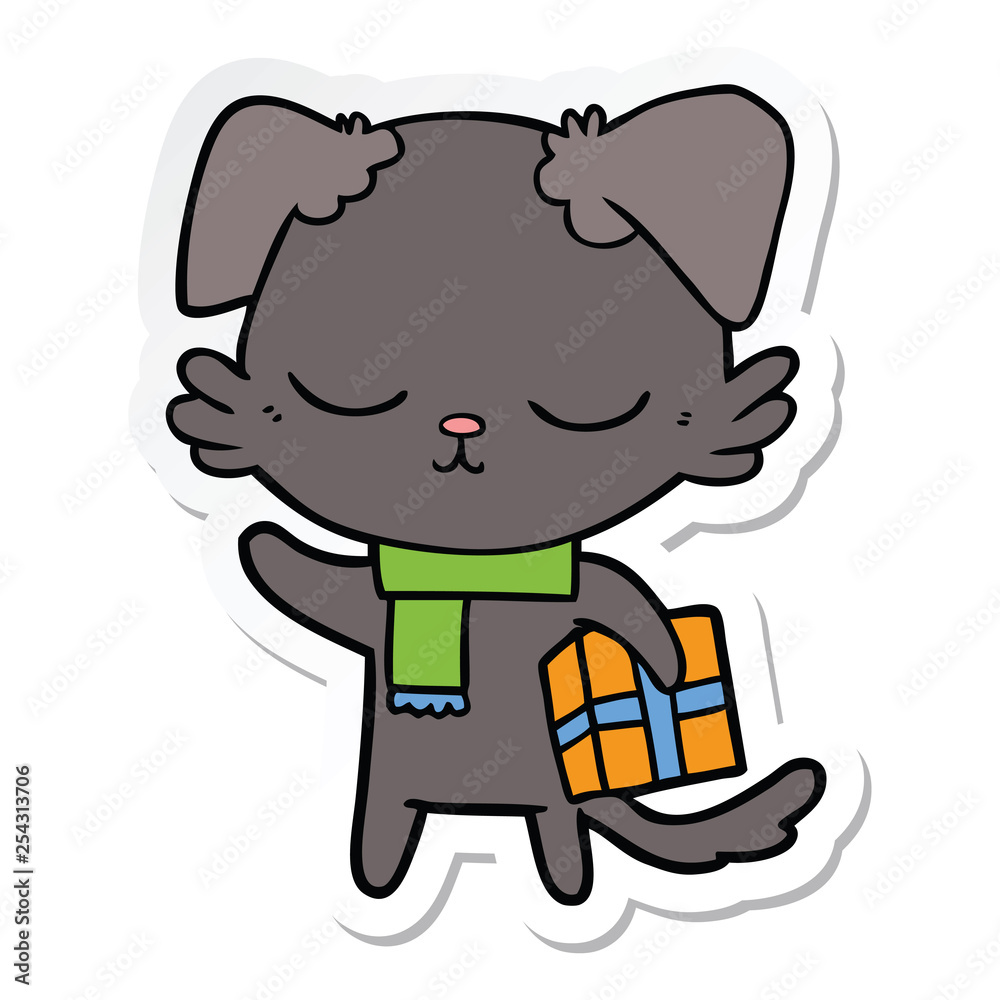 sticker of a cute cartoon dog with christmas present