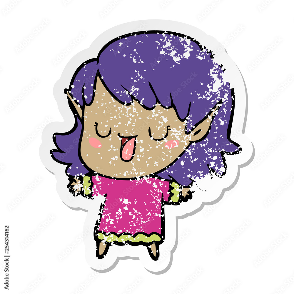 distressed sticker of a cartoon elf girl distressed sticker of a cartoon elf girl