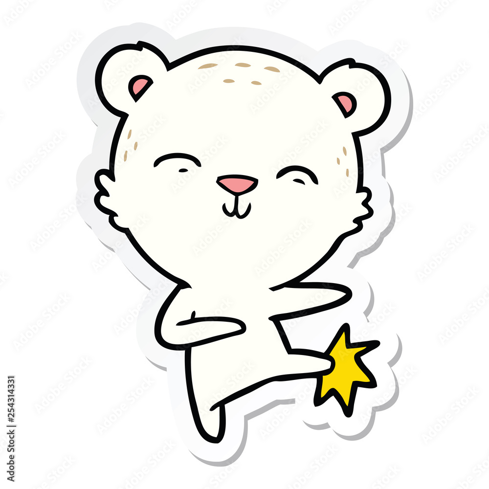 sticker of a happy cartoon polar bear kicking