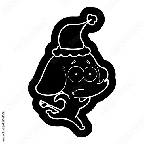 cartoon icon of a unsure elephant running away wearing santa hat