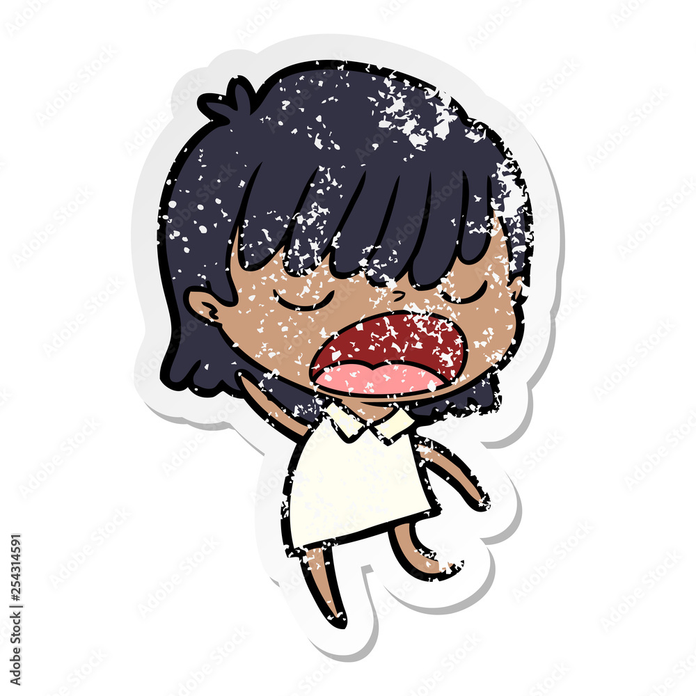 distressed sticker of a cartoon woman talking loudly distressed sticker of a cartoon woman talking loudly